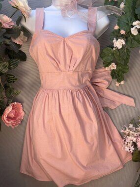 Pink Cotton Mini Dress with Bow Cottagecore Size M by Vertiche